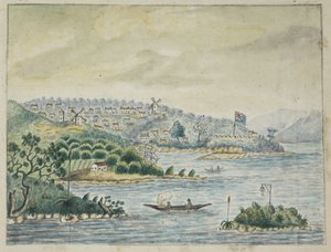 Add. 13880, f.79 Una vista di una colonia britannica. In primo piano, nativi in una canoa, da un Diario tenuto a bordo del trasporto Minerva, dall