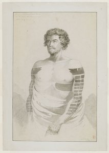 (Disegno completo) Ritratto di un capo di Borabora, [Puni?]; un uomo barbuto con le braccia pesantemente tatuate con ampie macchie rettangolari e una grande macchia sul lato sinistro. Dicembre 1777 da John Webber