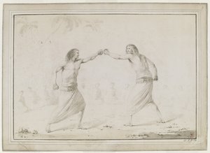 (Disegno intero) Due uomini che combattono, con spettatori seduti in un semicerchio e palme disegnate debolmente sullo sfondo da John Webber