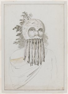 Un uomo delle Isole Sandwich con una maschera. Un uomo delle Isole Sandwich con una maschera costituita da un copricapo a ciotola con ritagli per gli occhi. da John Webber