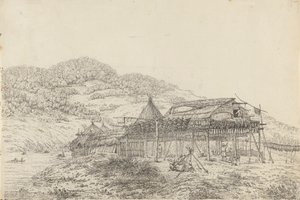 I Balagans o abitazioni estive, con il metodo di essiccazione del pesce, a San Pietro e Paolo, Kamtschatka da John Webber