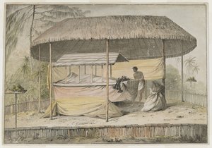 Waheiadooa, capo di Oheitepeha, in stato, registrato dal Capitano Cook durante la sua visita a Tahiti il 19 agosto 1777. Un palco funerario sostiene il cadavere avvolto e un assistente. Sono riparati da una tettoia di paglia e circondati da un basso p da John Webber