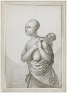 Donna tasmaniana che porta un bambino sulla schiena, con una pelle appesa dalla spalla sinistra intorno alla vita. Gennaio 1777