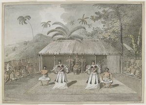 [Disegno completo] Una danza o heiva a Otaheite [Tahiti]. Due uomini e due donne che ballano, con tamburini dietro e spettatori ai lati. Settembre 1777 da John Webber