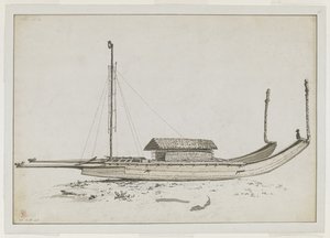 [Disegno intero] Una doppia canoa da viaggio di Otaheite [Tahiti], con intagli elaborati da John Webber