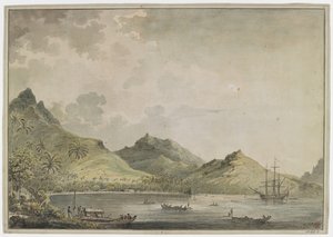 [Disegno completo]. Una vista del porto di Huahine [Fare Harbour] con montagne appuntite, incluso il Monte Turi, sullo sfondo. Nella baia c