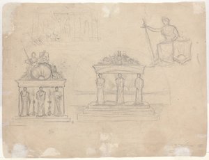 Studi di Facciate di Templi Classici e Figura Femminile Seduta [verso] da John William Casilear