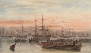 La flotta baltica di notte con barche in primo piano da John Wilson Carmichael