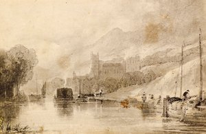 Scena fluviale con chiatte e castello in rovina da John Wilson Ewbank