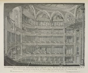 Interno del defunto Teatro Reale, Drury Lane, a Londra, costruito da Henry Holland, 1794, distrutto dal fuoco nel 1809, inciso da Dale, 1820