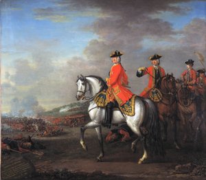 Re Giorgio II (1683-1760) alla battaglia di Dettingen, con il duca di Cumberland e Robert, 4° conte di Holderness, 27 giugno 1743