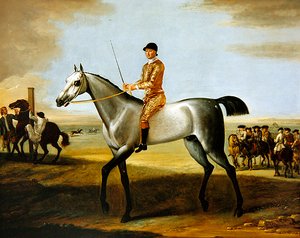 Il celebre cavallo da corsa grigio del Duca di Rutland, Coneyskins, con fantino a Newmarket Heath da John Wootton