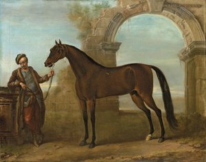 Il Godolphin Arabien, tenuto da un groom, in un paesaggio con un arco in rovina da John Wootton
