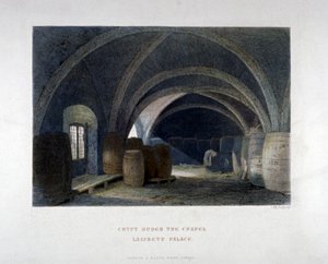 Cripta piena di barili sotto la cappella del Lambeth Palace, Londra, 1851