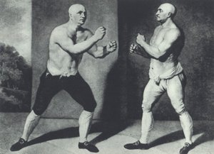 Primi pugili britannici a mani nude, John Broughton (sinistra) e George Stevenson combattono nel 1741: Broughton inventò il guantone da boxe