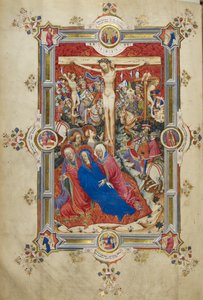 La crocifissione, introducendo il Canone della Messa. Cristo sulla croce, affiancato da ladroni, Vergine svenuta sostenuta da donne e San Giovanni, Maddalena ai piedi della croce. Folla di spettatori a cavallo in abiti contemporanei, incluso Longino, con a da John and Siferwas John (fl. 1380–1421 Whas