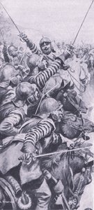 Scontro di cavalleria alla battaglia di Edgehill, 23 ottobre 1642, illustrazione da British Battles on Land and Sea, 1915 da John de Walton