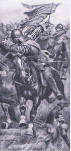 Il tenente John Smith riprende lo stendardo del re a Edgehill, 23 ottobre 1642, illustrazione da British Battles on Land and Sea, 1915