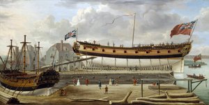 Una nave di sesta classe della Royal Navy britannica in bacino di carenaggio, probabilmente nel cantiere di Rotherhite