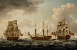 H.M.S. Tyrall in tre posizioni al largo di Antigua da John the Younger Cleveley