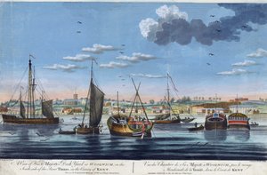 Veduta dei cantieri reali a Woolwich, sulla riva sinistra del Tamigi (Inghilterra), nella contea di Kent. Incisione a colori di John Clevely il Giovane da John the Younger Cleveley