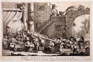 Il clistere politico, stampa di William Hogarth, 1757