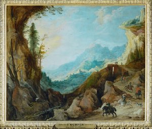 Un paesaggio montuoso con un ponte e quattro cavalieri ... da Joos de (follower of) Momper