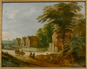 Viaggiatori che attraversano un villaggio da Joos de (studio of) Momper