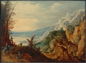 Paesaggio montano con viaggiatori