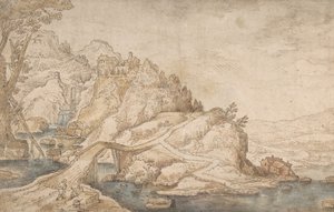 Paesaggio collinare con fiume, ponte e case con due figure a sinistra da Joos de Momper the Younger.