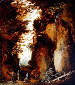 Paesaggio alpino con viaggiatori da Joos or Josse de The Younger Momper