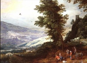 Paesaggio esteso con contadini da Joos or Josse de The Younger Momper