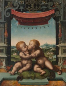 I neonati Gesù Cristo e San Giovanni Battista abbracciati da Joos van Cleve