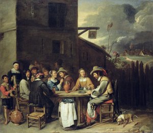 Compagni che festeggiano davanti a una taverna da Joos van Craesbeeck