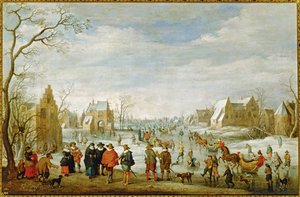 Paesaggio invernale con pattinatori... (pittura su tela)