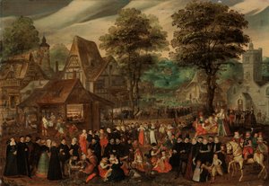 Una festa di paese con figure elegantemente vestite in processione, un fiume e una torre sullo sfondo da Joris Hoefnagel