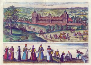 Arrivo della Regina Elisabetta I al Palazzo di Nonesuch e uomini e donne della società Tudor, 1598 da Joris Hoefnagel