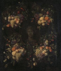 Testa scolpita simulata di una donna in un cartiglio decorato con festoni di frutta da Joris van Son