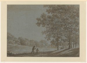 Passeggiatori su una strada lungo alberi alti