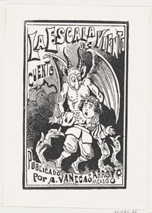 Un demone che tiene un giovane ragazzo per le spalle sopra un gruppo di avvoltoi da José Guadalupe Posada