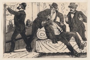Un uomo che pugnala un altro uomo al petto mentre i suoi complici saccheggiano un negozio, ca. 1890-1891