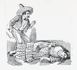 Un uomo con una pistola in piedi sopra una donna che ha appena sparato, ca. 1880-1910 da José Guadalupe Posada