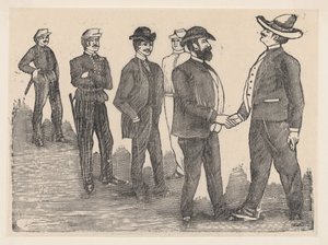 Due uomini che si stringono la mano in primo piano e ufficiali che li osservano sullo sfondo da José Guadalupe Posada
