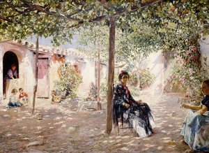 Signore in un cortile soleggiato