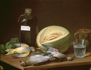 Natura morta con melone e uccelli da Jose Lopez Enguidanos