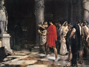 Giulio Cesare (Caius Iulius Caesar) (101-44 a.C.) davanti alla statua di Alessandro Magno nel tempio di Ercole di Cadice (Gadir) da Jose Morillo Ferrada