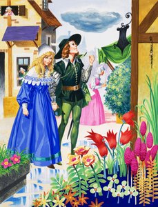 Coppia che ammira i fiori (gouache su carta)