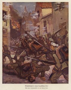 Battaglia di strada in un villaggio francese, Prima Guerra Mondiale (litografia a colori) da Josef Andreas Sailer