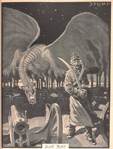 Disegno per la poesia "Come la notte". Un drago prodotto dal fumo delle fabbriche, dietro un soldato tedesco. Una scena surreale da Josef Benedikt engl