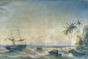 Nave da guerra davanti alle isole del Pacifico da Josef Carl Berthold Püttner